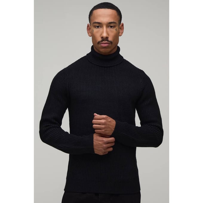 Geribbelde Coltrui Gebreide Trui Met Muscle Fit | Black | Size Medium