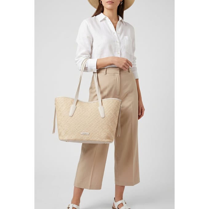 COCCINELLE Leren Shopper Schoudertas New Never Without Bag Bicolor Straw Handbag Mul. Blanco / Blan Beige