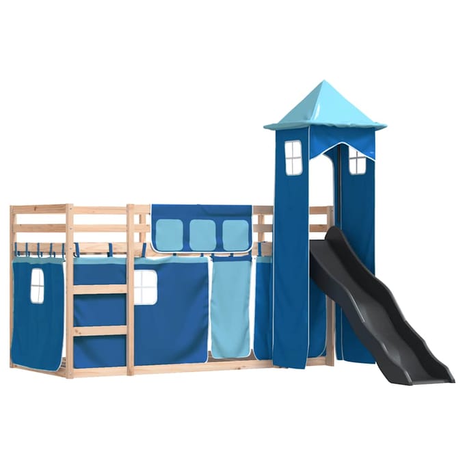 vidaXL - Stapelbed - met - glijbaan - en - gordijnen - blauw - 80x200 - cm