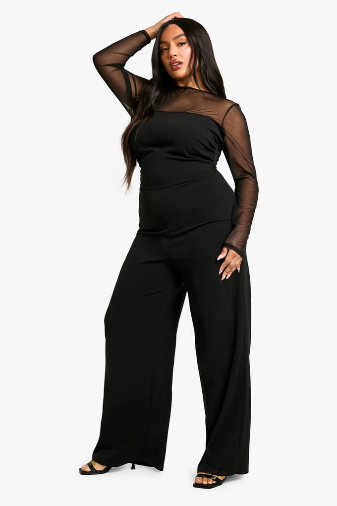 boohoo Dames Plus Mesh Gerafelde Jumpsuit met Wijde Pijpen | Black | Maat: 24