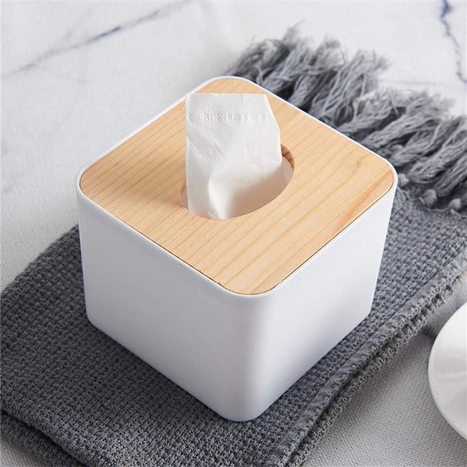 Tissue Box met Afneembare Houten Deksel - Plastic Tissuebox Houder voor Thuis, Auto en Kantoor Organizer