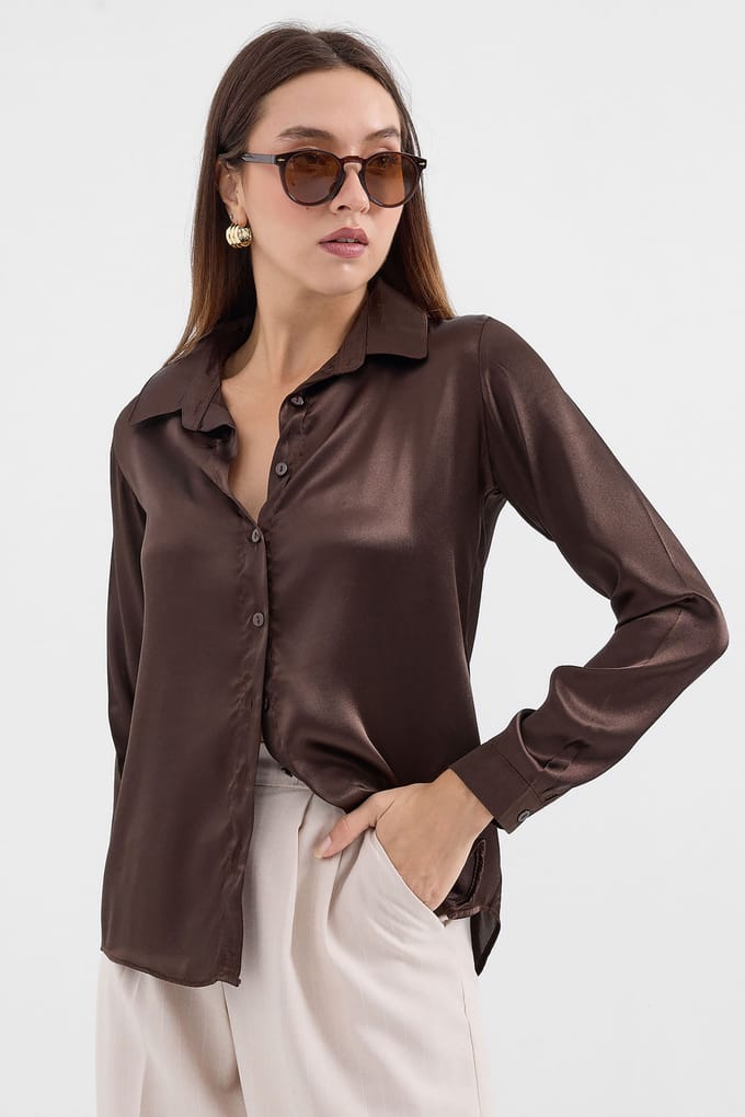 Satin Lange Mouw Knop-Up Shirt