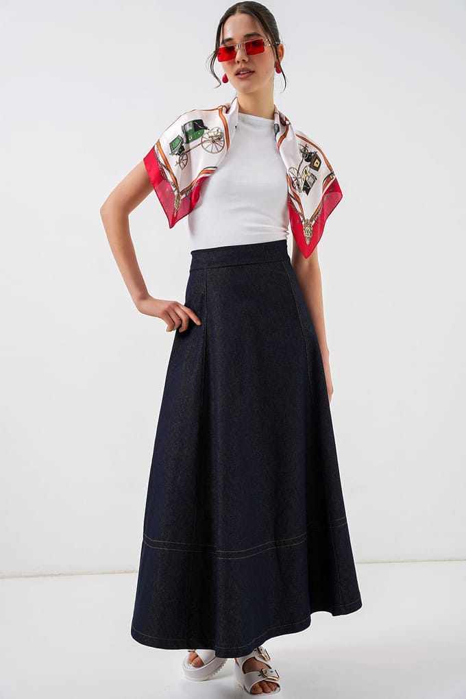 Hoge Taille Denim A-Lijn Maxi Rok met Zakken