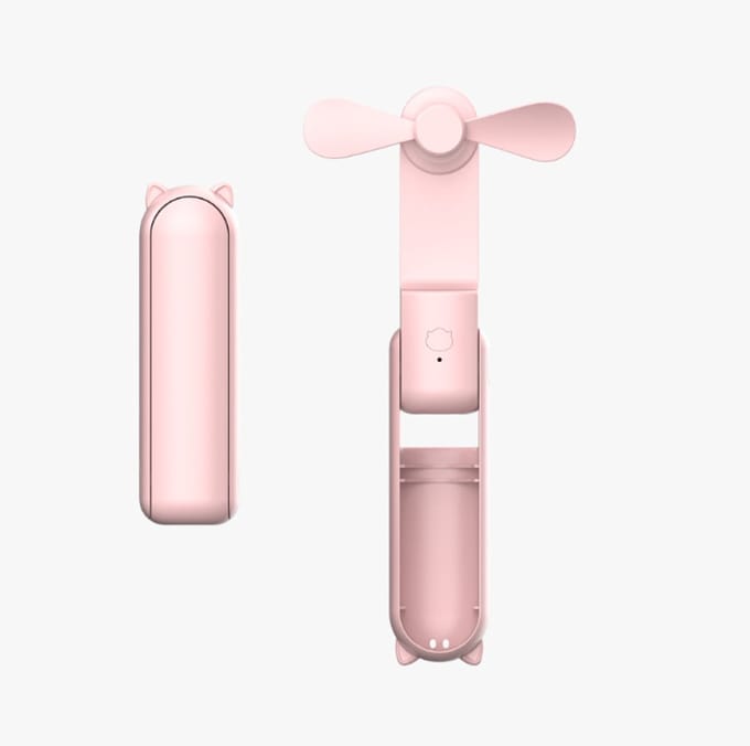 Draagbare mini-ventilator, opvouwbaar, klein, handzaam met USB-oplaadbare batterij, zachte bladen (roze)