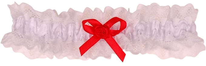 Kousenband Wit met Broderie & Rood Strikje met Roosje - 33cm Elastisch