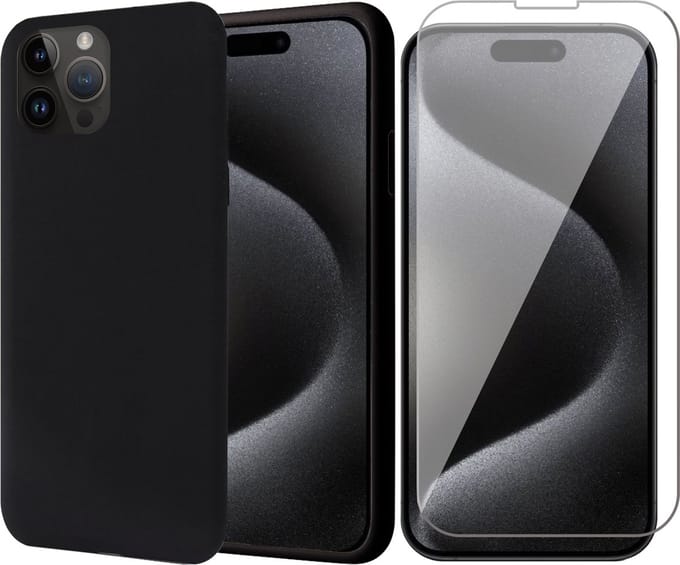 Hoesje geschikt voor iPhone 15 Pro - Screen Protector GlassGuard - Back Cover Case SoftTouch Zwart & Screenprotector