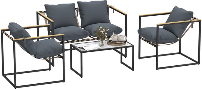 Outsunny - Loungeset - met 4 Kussens - Staal - Polyester - Grijs