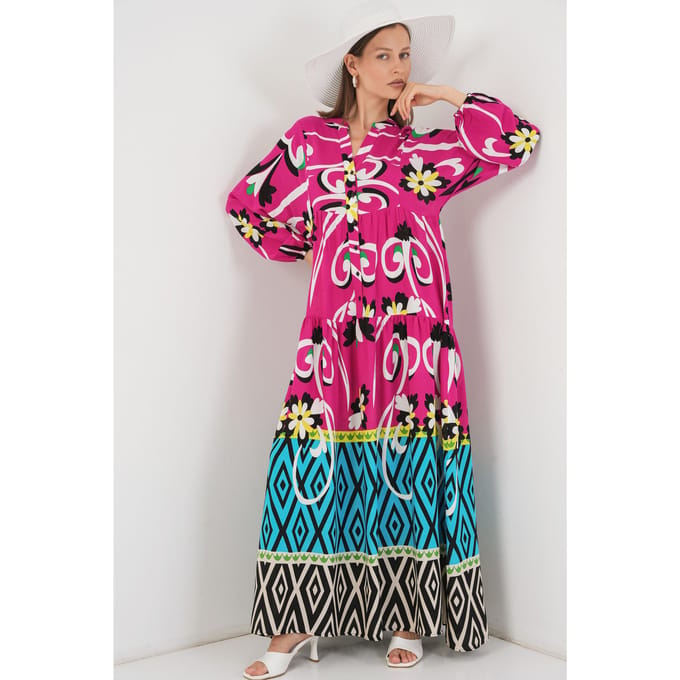 Geprinte V-Hals Maxi-Jurk