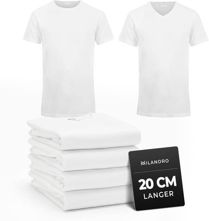 Milanoro - 4-pack extra lange katoenen T-shirts - Wit - Ronde hals - S