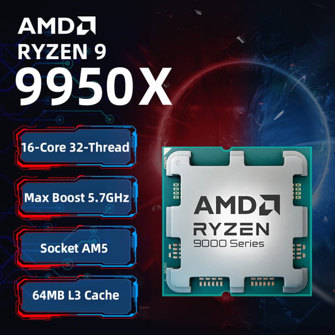 AMD Ryzen 9 9950X R9 Gaming CPU 100% gloednieuwe 16-core 32-draads 5,7 GHz Max Boost Socket AM5 High-End Desktop Processor