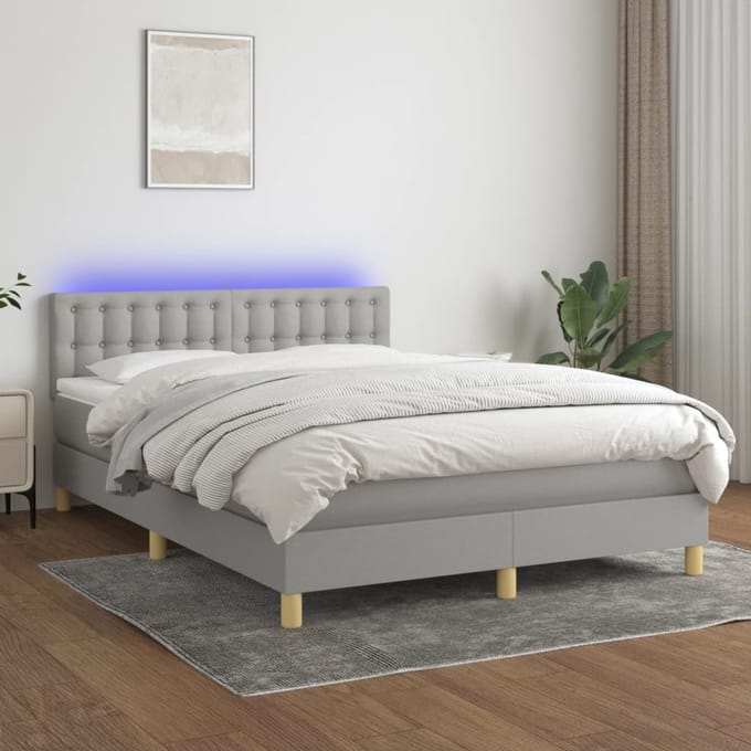 vidaXL - Boxspring - met - matras - en - LED - stof - lichtgrijs - 140x190 - cm