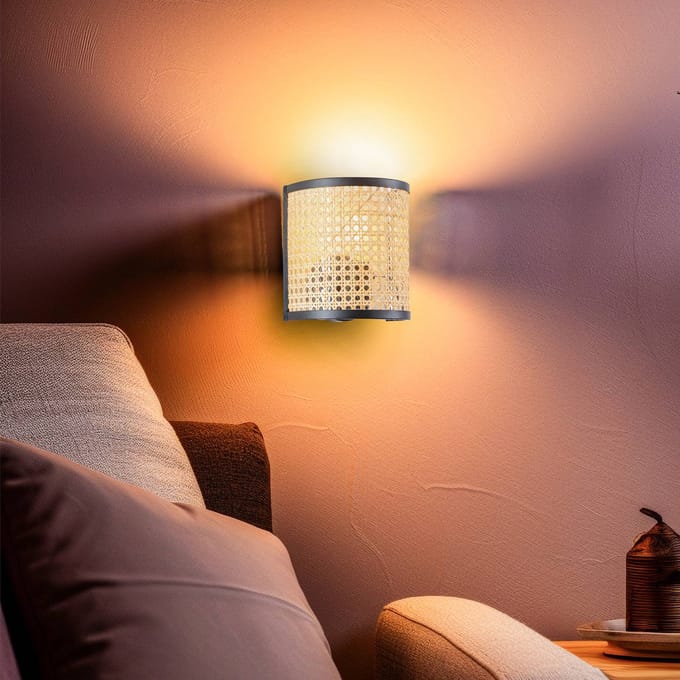 Lindby - wandlamp - 1licht - Rotan - H: 20 cm - E27 - hel hout