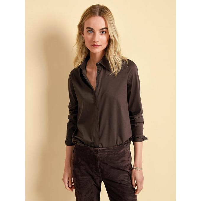Jersey blouse 100% katoen Van Fadenmeister Berlin bruin