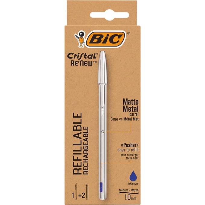 Balpen Bic Cristal Re-new medium zilver + 2 vullingen blauw