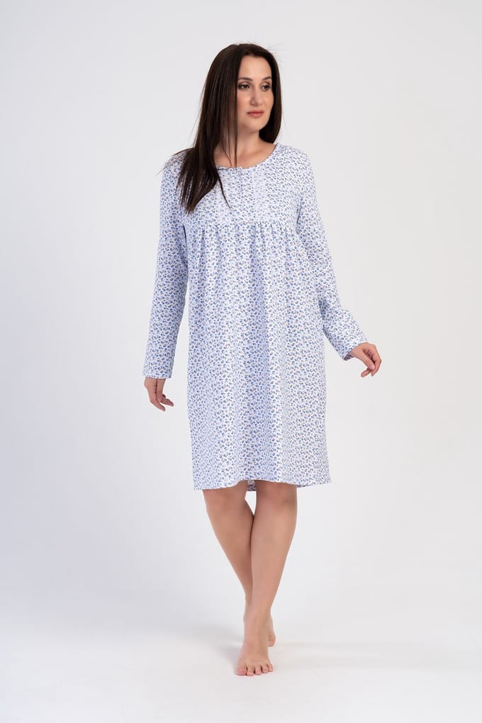 Vienetta - Grote Maten Dames Nachthemd, Lange Mouwen, Blauw - 3XL