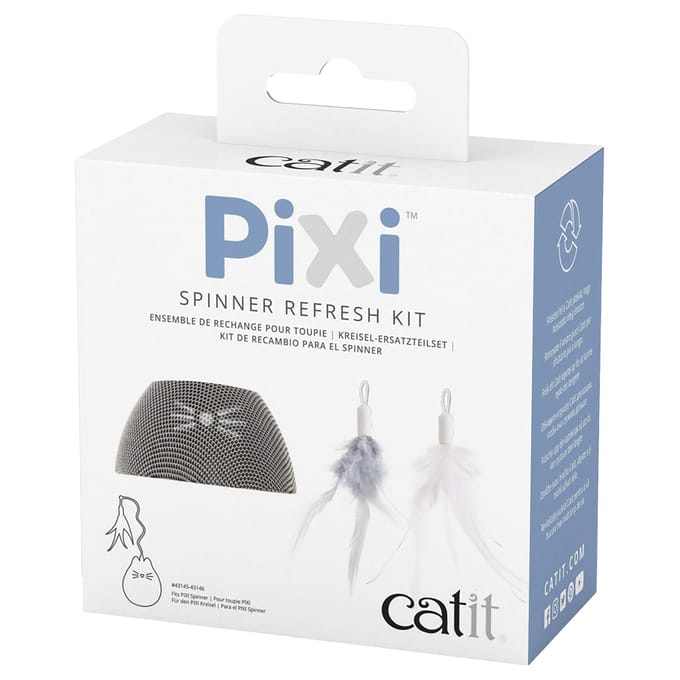 Accessoires: Pagina met reserveonderdelen (1 zilverkleurige stoffen hoes, 2 veren) voor Catit Pixi interactief kattenspeelgoed spinner