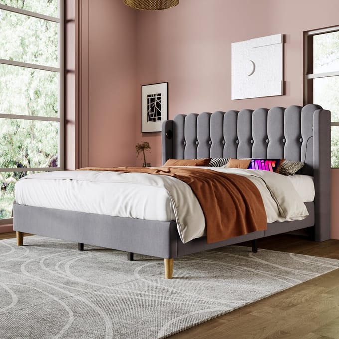 REDOM Bedframe 180x200 cm – Linnen – USB/Type-C – Hoog hoofdbord – Grijs – 226 kg