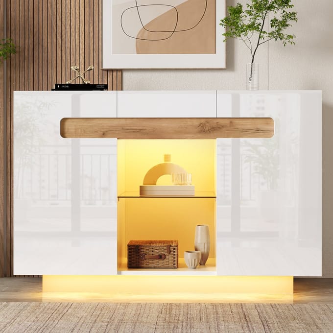 Clruro Dressoir - 120 x 40 x 80 cm - met LED en app-bediening - Wit + naturel