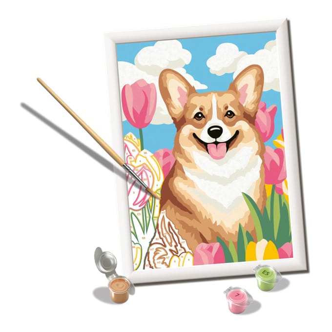 Ravensburger Creart schilderen op  nummer Corgi tussen de tulpen