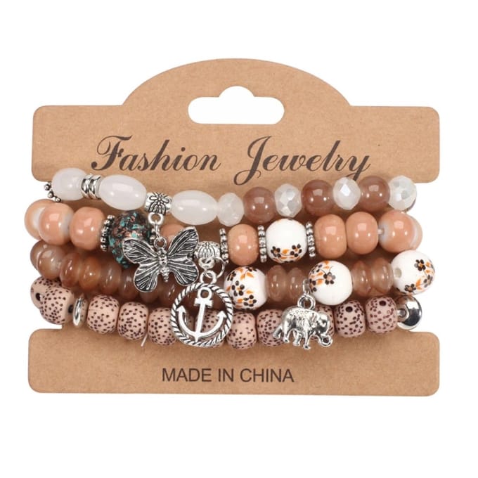 Fako Bijoux® - Armband Set - Boho - Bohemian - Bedels - Beige/Bruin