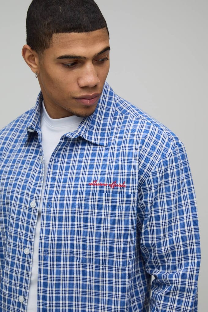 Oversized Boxy Geruit Overhemd Met Ruwe Zoom | Blue | Size Small
