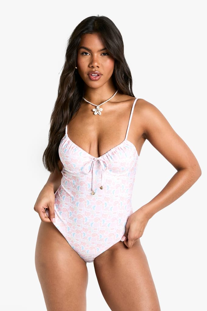 boohoo Dames Shell Print Pearl Trim Underwire Zwempak | Creme | Maat: 34