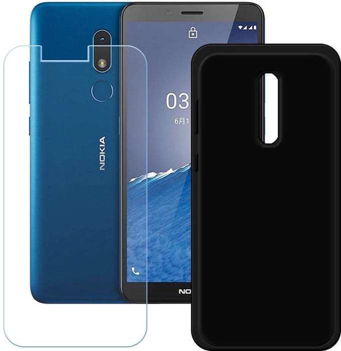 Silicone hoesje zwart met 2 Pack Tempered glas Screen Protector Geschikt voor: Nokia 3.2