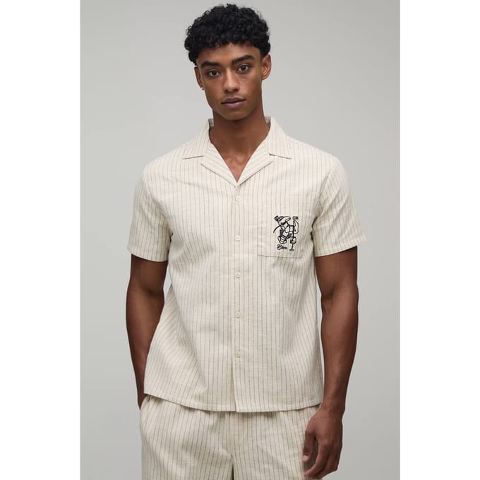 Regular Fit Gestreept Linnen Blend Overhemd Met Geborduurd Borstzakje | Natural | Size Medium