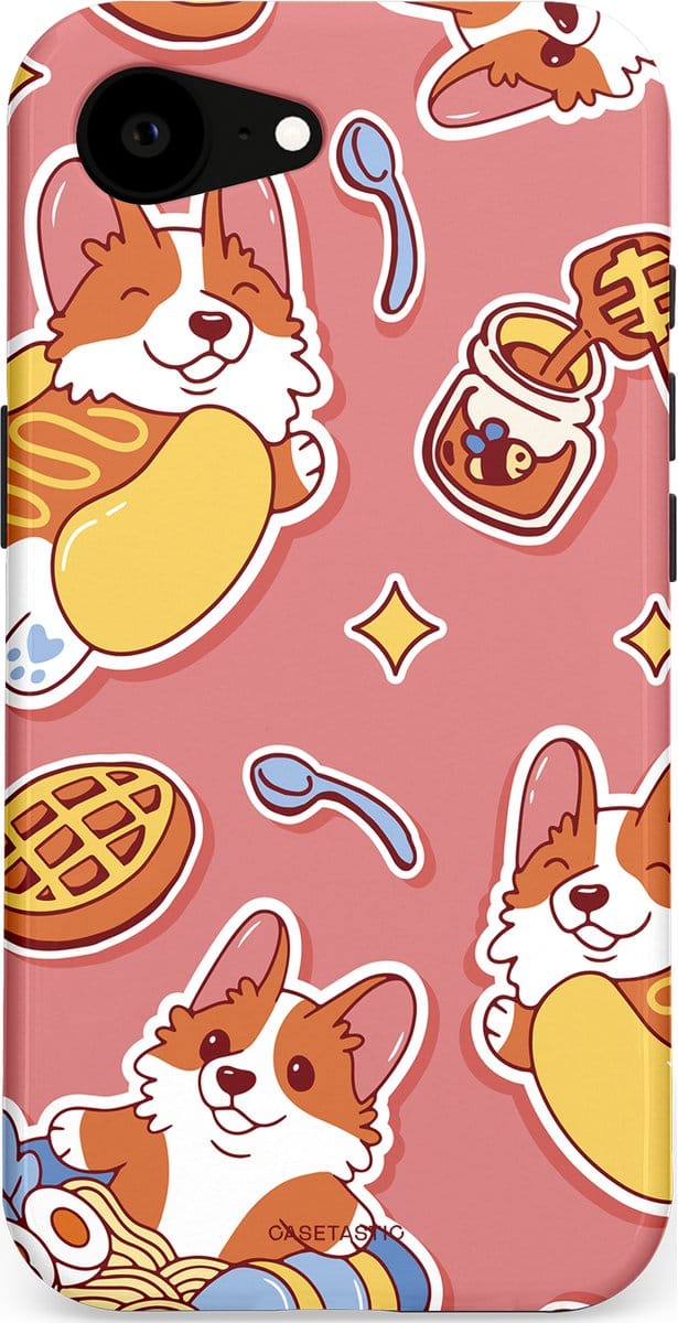 Casetastic hoesje geschikt voor Apple iPhone 16e / Apple iPhone 17e - MagSafe - Dubbellaagse bescherming - Corgi snacks - Fashion Case - Koraal Terracotta Lichtgrijs Goud