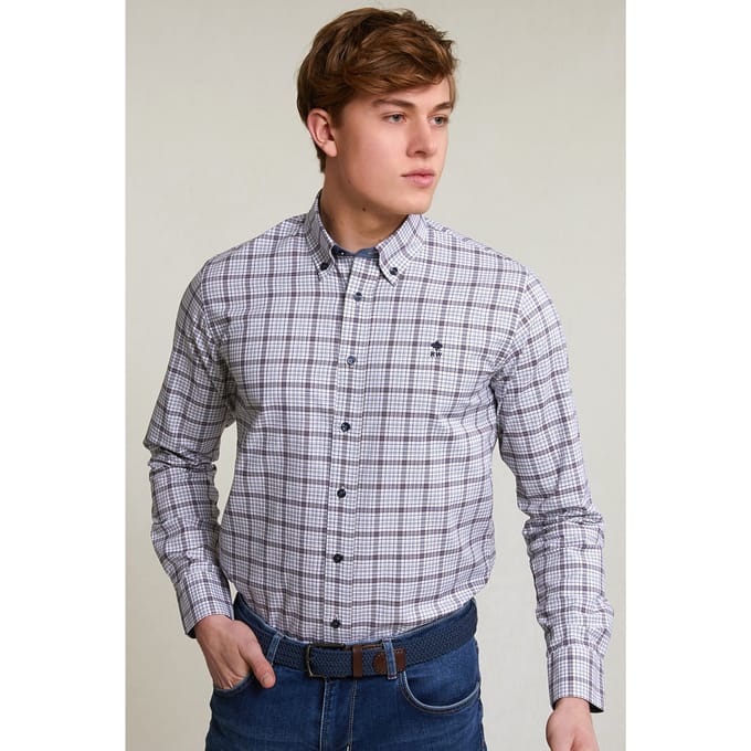 River Woods Custom Fit Checked Shirt White/brown Größe: S | Casual hemden Outlet | Herren | Weiß