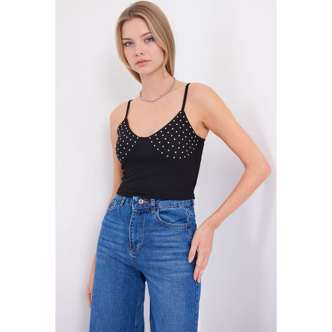 Steentje Versierd Fitted Crop Top met V-hals
