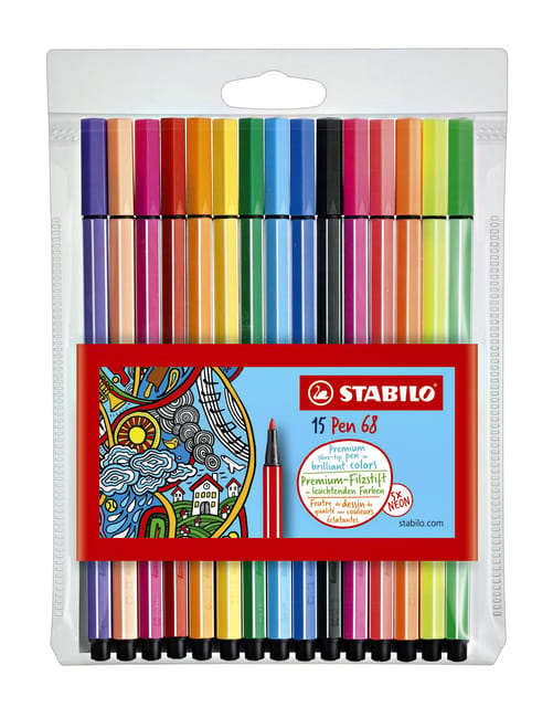 STABILO Pen 68 - Premium Viltstift - 15 Stuks Etui - 10 Standaard + 5 Neon Kleuren