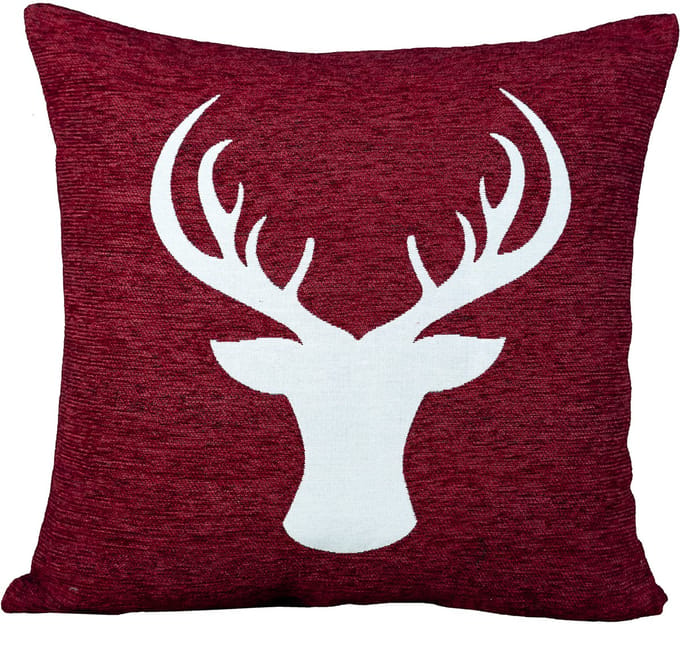 Kussenhoes - Chenille stof - Kerst - Rode achtergrond - Wit Rendier - Hert - 45 cm