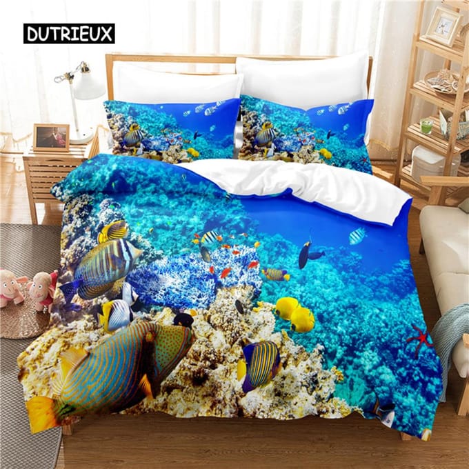 Onderwaterwereld Beddengoedset Dekbedovertrekset 3d Beddengoed Digitale Print Bedlinnen Queensize Beddengoedset Modieus Design EU single(135x200cm)