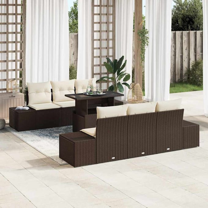 vidaXL Bankstel 7 st Bruin en Crème poly rattan