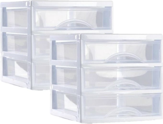 Plasticforte ladeblokje - bureau organizer - 2x - met 3 lades - transparant/wit - L18 x B21 x H17 cm - kunststof