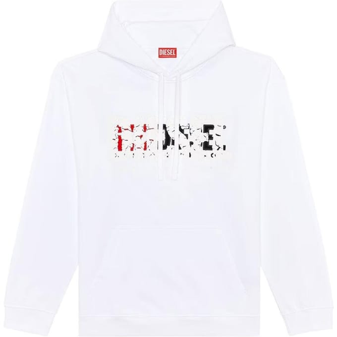 Diesel Heren Dubbel Vernietigd Logo Hoodie (Wit)