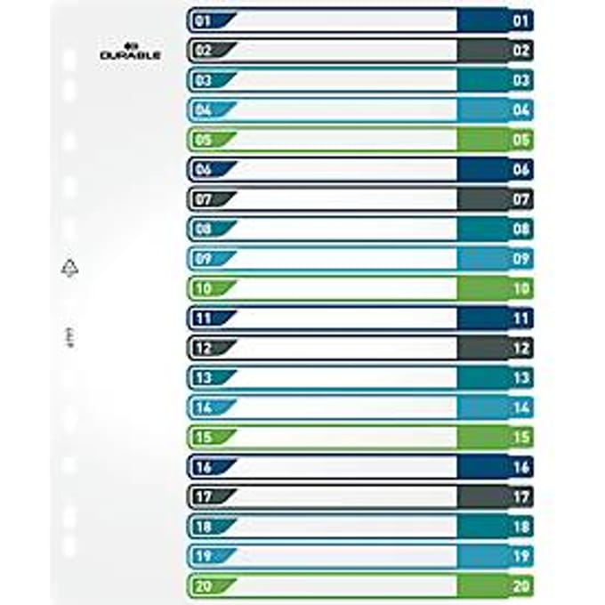 Duurzame index, 20-delig, DIN A4+, indexblad, computerbeschrijfbare index, met gekleurde tabbladen
