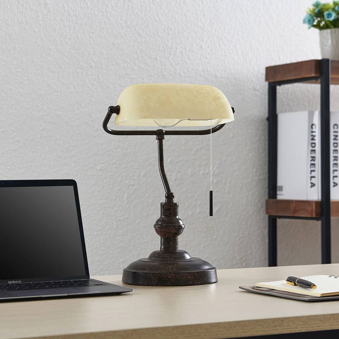 Lindby - bureaulamp - 1licht - Staal, glas - H: 38.5 cm - E27 - roestbruin, amber