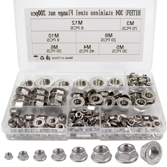 Complete Set van 200 Rvs Flensmoeren M3 tot M12 met Lock Teeth, Zelfsluitende Moeren en Assortiment voor Diverse Toepassingen