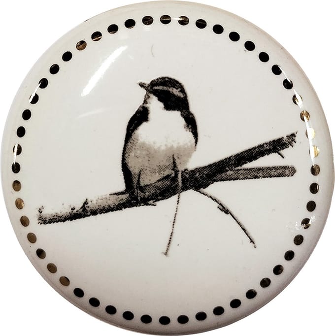 Clayre & Eef Deurknop Ø 4 cm Wit Grijs Keramiek Vogel