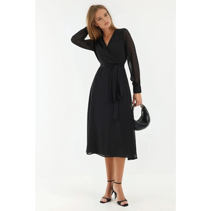 Double Breasted A-Lijn Tulle Midi Jurk met Tailleband