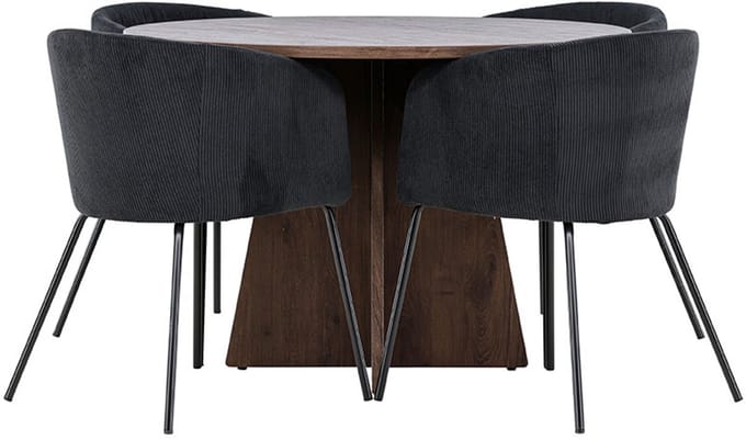 Bootcut eethoek tafel Ø110cm en 4 fluwelen stoelen met armleuningen mocca.