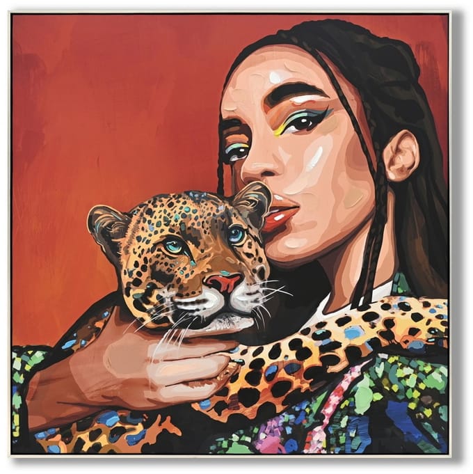 Schilderij vrouw panter 100x100cm