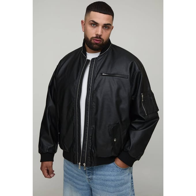 Plus Leather Look Double Zip Oversized MA1 Bomber Jacket | Black | Size 2XL