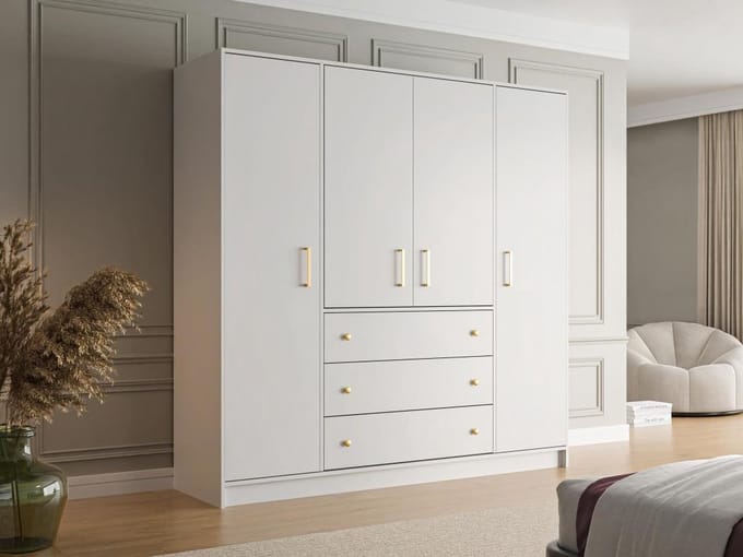 Vente-unique Kast met 4 deuren en 3 lades - L196 cm - Wit - LIZANDRO