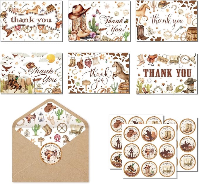 24 Westerse Bedankkaarten Set met Enveloppen en Stickers - Blanco Groetkaarten Themafeest