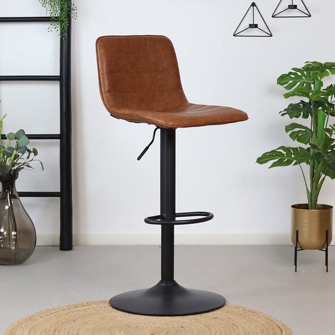 Bronx71® Industriële barkruk Boston leer cognac 60-76 cm - draaibaar - barstoel