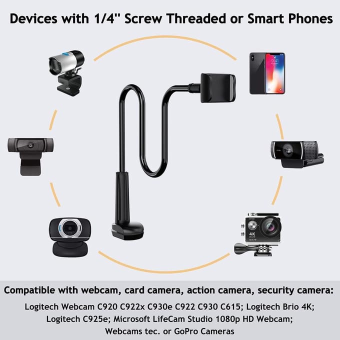 Webcam Standaard Telefoonhouder met Universele 1/4 Inch Schroeven Flexibele Arm 360 Bureau Bed Zwanenhals Bevestiging zwart
