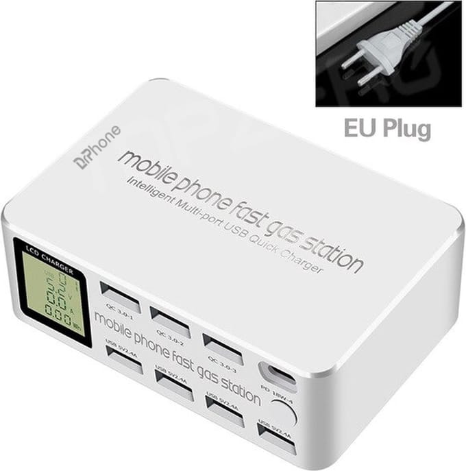 DrPhone WL7 100W 8-Poort Multi Poort USB Station - Snel Oplader – USB C PD 3.0 + Qualcomm 3.0 & 2.4A - Wit